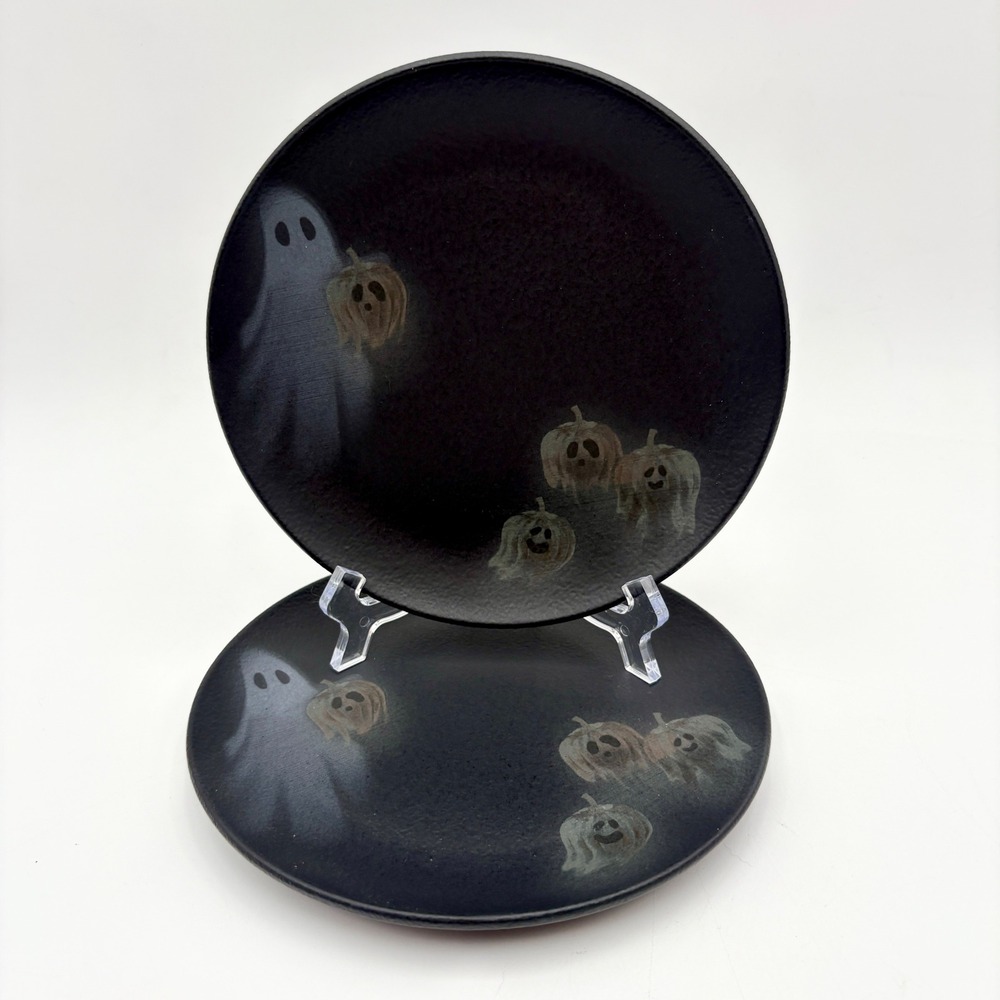 Halloween Appetizer Salad Plates Set of 2 Black Ghost Pumpkin Fall Dinnerware
